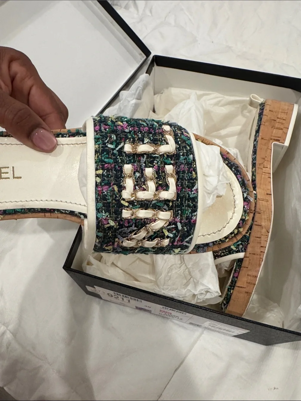 CHANEL Multicolor Tweed & White Trim Logo Slide Mules